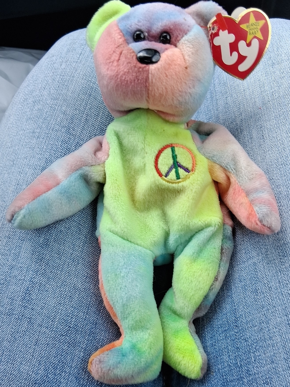 Ty RARE 1990s Rainbow Tie-Dye Peace Bear Plush